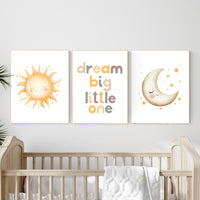 Dream Big Little One Nursery Wall Art Set – Neutral Sun and Moon Prints for Baby Room – Boho Celestial Decor for Boys or Girls