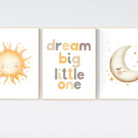Dream Big Little One Nursery Wall Art Set – Neutral Sun and Moon Prints for Baby Room – Boho Celestial Decor for Boys or Girls