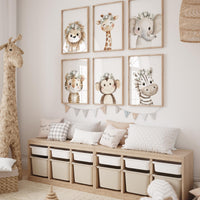 Floral Crown Safari Animal Wall Art Set of 6 – Nursery Jungle Prints with Lion, Giraffe, Elephant, Zebra, Tiger & Monkey – Neutral Decor