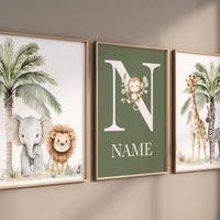 Jungle Animals, Safari Animal Nursery Wall Art Set, gender neutral, personalized Jungle Print , Elephant, Lion, Giraffe, Zebra, Monkey