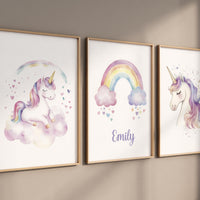Unicorn Nursery Wall Art Set – Personalized Rainbow Name Print – Pastel Girl Bedroom Decor – Magical Unicorn Prints for Baby Room
