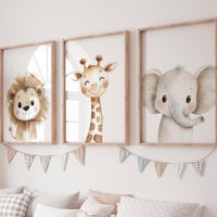 Safari Animal Nursery Wall Art Set of 3, Lion Giraffe Elephant Prints, Neutral Jungle Baby Room Decor, Cute Watercolor Zoo Animals