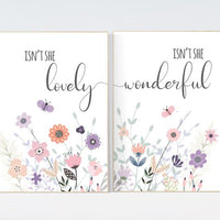 Isn’t She Lovely and Isn’t She Wonderful Floral Wall Art Set – Pastel Butterfly Nursery Prints for Baby Girl Room Decor, Set of 2