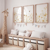 Bee & Yellow Wildflower Print Set: Neutral Botanical Nursery Art