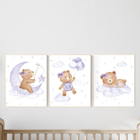 Nursery decor girl purple, nursery decor bear, teddy bear nursery, lilac nursery print, lavender, baby room decor, nursery wall art animals