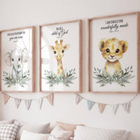 Christian Safari Nursery Prints: Elephant, Giraffe, Lion - Bible Verse Art (Set of 3)
