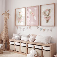 Ballerina Nursery Wall Art Set – Personalized Pink Elephant Bunny Prints, Girl Bedroom Decor, Custom Name Art, Baby Girl Room Wall Decor