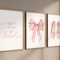 Pink Ballet Nursery Wall Art Set – “You Are So Loved” Quote, Ballerina Shoes & Bow Prints, Baby Girl Room Decor, Blush Ballet Artwork