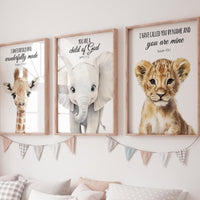 Safari Bible Verse Nursery Wall Art Set, Giraffe Elephant Lion Prints, Christian Baby Room Decor, Scripture Animal Posters for Kids