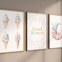 Ice Cream Sweet Dreams Nursery Wall Art – Pastel Moon & Cone Print Set of 3, Cute Bedroom Decor for Kids, Baby Girl or Boy Room Art