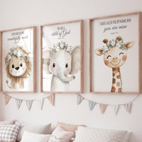 Animal Nursery Prints: Lion, Elephant, Giraffe, Christian Decor