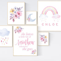 Personalized Rainbow Nursery Art: Watercolor Moon, Flowers, Clouds