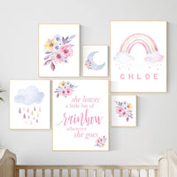 Personalized Rainbow Nursery Art: Watercolor Moon, Flowers, Clouds