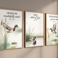 Duck Wall Art Set of 3 – Bible Verse Prints with Mallard Ducks – Christian Nature Nursery or Rustic Cabin Decor, kids room decor, baby room