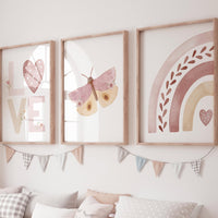 LOVE Butterfly Rainbow Wall Art Set – Boho Pink Nursery Prints for Girls – Soft Pastel Heart Decor for Baby Girl Room or Playroom