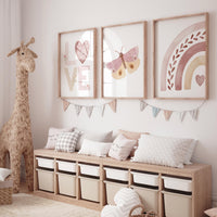 LOVE Butterfly Rainbow Wall Art Set – Boho Pink Nursery Prints for Girls – Soft Pastel Heart Decor for Baby Girl Room or Playroom