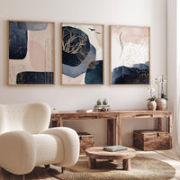Navy and Blush Abstract Wall Art Set – Gold Accents Modern Boho Prints for Living Room, Bedroom, Office – Set of 3, navy blue and pink blush