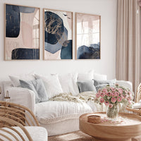 Navy and Blush Abstract Wall Art Set – Gold Accents Modern Boho Prints for Living Room, Bedroom, Office – Set of 3, navy blue and pink blush