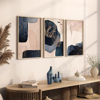 Navy and Blush Abstract Wall Art Set – Gold Accents Modern Boho Prints for Living Room, Bedroom, Office – Set of 3, navy blue and pink blush