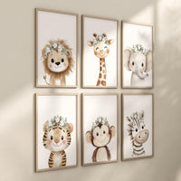 Floral Crown Safari Animal Wall Art Set of 6 – Nursery Jungle Prints with Lion, Giraffe, Elephant, Zebra, Tiger & Monkey – Neutral Decor