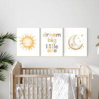 Dream Big Little One Nursery Wall Art Set – Neutral Sun and Moon Prints for Baby Room – Boho Celestial Decor for Boys or Girls