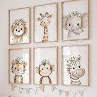 Floral Crown Safari Animal Wall Art Set of 6 – Nursery Jungle Prints with Lion, Giraffe, Elephant, Zebra, Tiger & Monkey – Neutral Decor