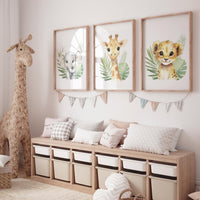 Safari Animal Nursery Wall Art – Jungle Baby Elephant, Lion, and Giraffe Prints – Neutral Safari Decor for Boys or Girls (Set of 3)