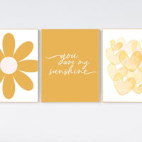 You Are My Sunshine Nursery Wall Art Set – Yellow Flower and Heart Prints for Baby Girl or Boy – Cheerful Boho Nursery Decor Trio