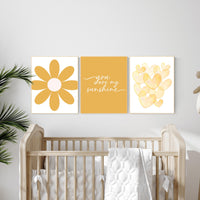 You Are My Sunshine Nursery Wall Art Set – Yellow Flower and Heart Prints for Baby Girl or Boy – Cheerful Boho Nursery Decor Trio