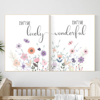 Isn’t She Lovely and Isn’t She Wonderful Floral Wall Art Set – Pastel Butterfly Nursery Prints for Baby Girl Room Decor, Set of 2