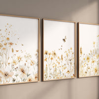Bee & Yellow Wildflower Print Set: Neutral Botanical Nursery Art
