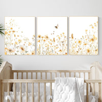 Bee & Yellow Wildflower Print Set: Neutral Botanical Nursery Art