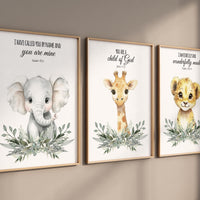 Christian Safari Nursery Prints: Elephant, Giraffe, Lion - Bible Verse Art (Set of 3)