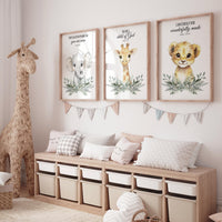 Christian Safari Nursery Prints: Elephant, Giraffe, Lion - Bible Verse Art (Set of 3)
