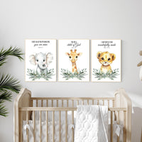 Christian Safari Nursery Prints: Elephant, Giraffe, Lion - Bible Verse Art (Set of 3)