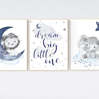Boy Safari Nursery Wall Art Set – Dream Big Little One Lion Elephant Moon Star, Blue Animal Prints, Baby Boy Room Decor, Safari Theme