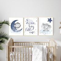 Boy Safari Nursery Wall Art Set – Dream Big Little One Lion Elephant Moon Star, Blue Animal Prints, Baby Boy Room Decor, Safari Theme