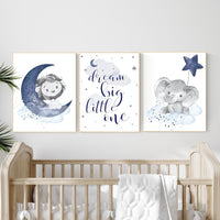 Boy Safari Nursery Wall Art Set – Dream Big Little One Lion Elephant Moon Star, Blue Animal Prints, Baby Boy Room Decor, Safari Theme