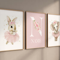 Ballerina Nursery Wall Art Set – Personalized Pink Elephant Bunny Prints, Girl Bedroom Decor, Custom Name Art, Baby Girl Room Wall Decor
