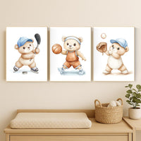 Sports Bear Nursery Wall Art Set | Hockey Basketball Baseball Prints | Boy Room Decor | Sport-Themed Baby Room Art | Kids Wall Decor