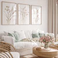 Beige Botanical Line Art Print Set: Minimalist Floral Wall Decor
