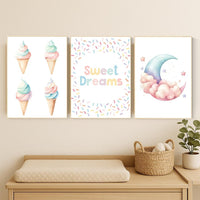 Ice Cream Sweet Dreams Nursery Wall Art – Pastel Moon & Cone Print Set of 3, Cute Bedroom Decor for Kids, Baby Girl or Boy Room Art