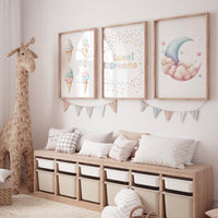 Ice Cream Sweet Dreams Nursery Wall Art – Pastel Moon & Cone Print Set of 3, Cute Bedroom Decor for Kids, Baby Girl or Boy Room Art