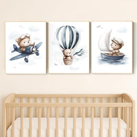 Blue Bear Adventure Nursery Prints: Airplane, Balloon, Boat - Set of 3