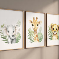 Safari Animal Nursery Wall Art – Jungle Baby Elephant, Lion, and Giraffe Prints – Neutral Safari Decor for Boys or Girls (Set of 3)