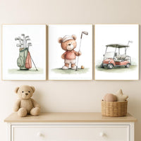 Golf Nursery Print: Teddy Bear Golfer, Safari Animals