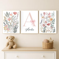 Personalized Floral Nursery Art Set: Baby Girl Room Decor with Pink Bow