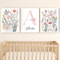 Personalized Floral Nursery Art Set: Baby Girl Room Decor with Pink Bow