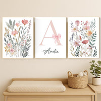 Personalized Floral Nursery Art Set: Baby Girl Room Decor with Pink Bow