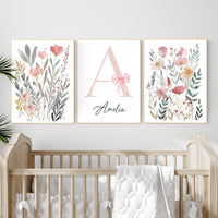 Personalized Floral Nursery Art Set: Baby Girl Room Decor with Pink Bow
